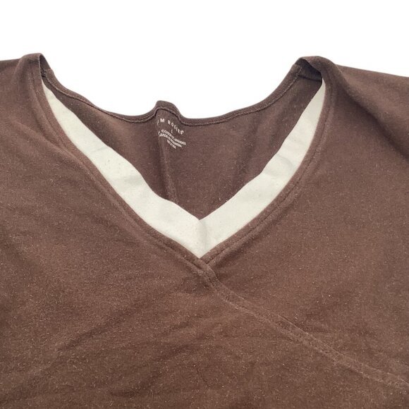 Kim Rogers Women's V-Neck Shirt Short Sleeve Size L Brown & White Cotton Blend - Picture 3 of 10